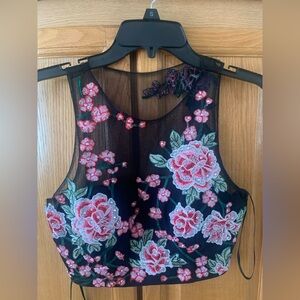 Cachet 2 piece black prom dress with floral embroidery